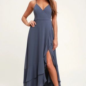 Lulu’s Granite Blue Lace-Up High-Low Maxi Dress